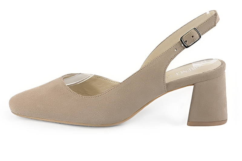 Sand beige women's slingback shoes. Round toe. Medium flare heels. Profile view - Florence KOOIJMAN